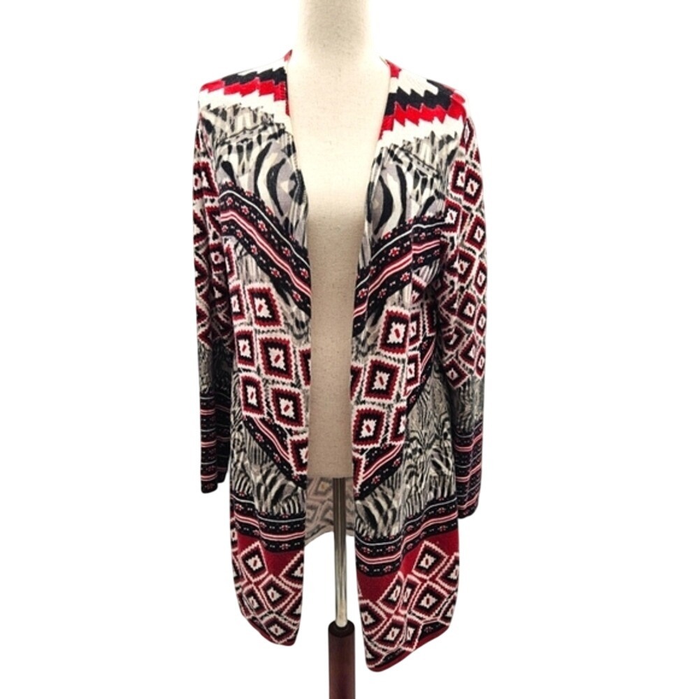 Mixed Print Open Front Cardigan Red Black White Geometric Animal‎ Longline Knit